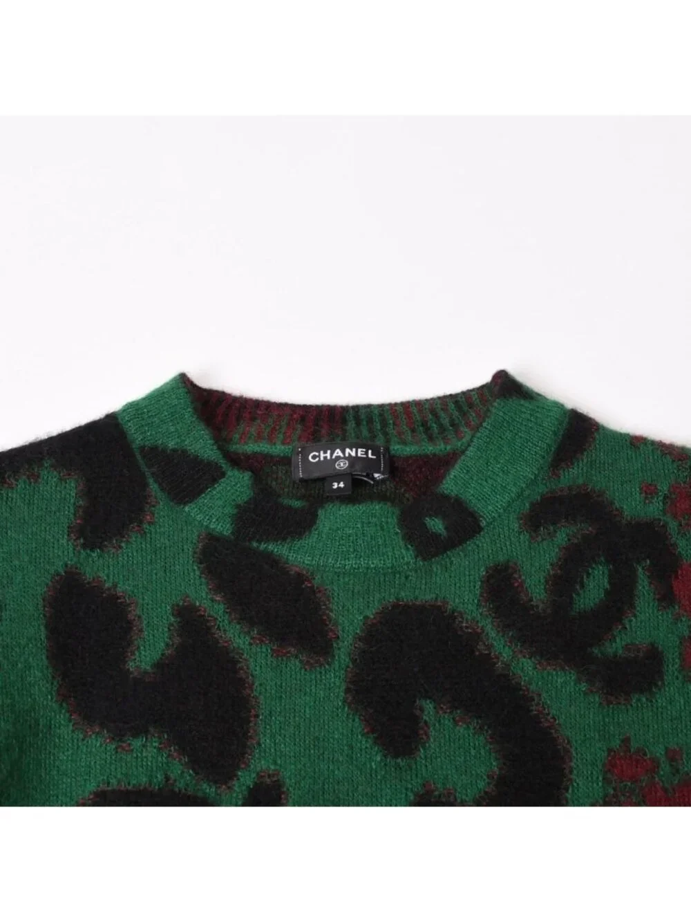Chanel Knit Sweater CC Logo Leopard Green Cashmere Mohair Wool 4 34